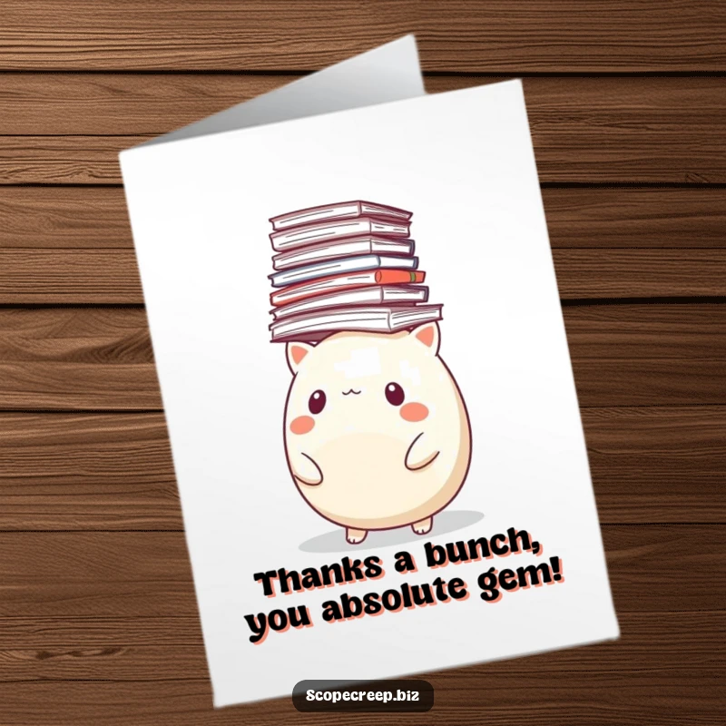 Funny Free Printable Thank You Card: Round animal struggling under a mountain of papers, a humorous way to say thanks.