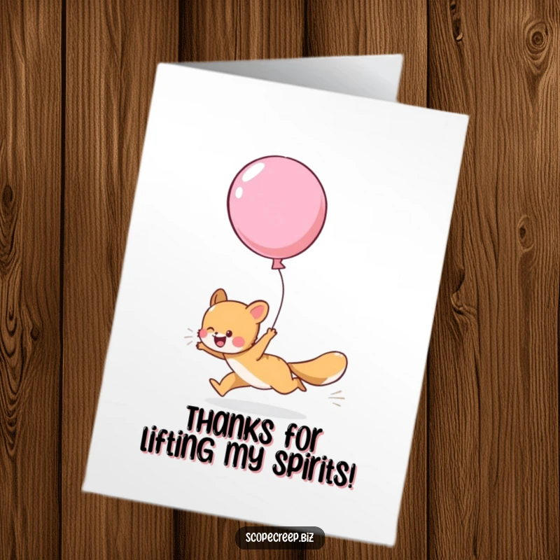 Funny Free Printable Thank You Card: A playful animal joyfully chasing a big, brightly colored balloon against a blue sky.