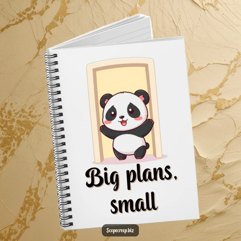 Funny panda character attempting to squeeze through a doorway, lined notebook pages, humorous stationery for planning.