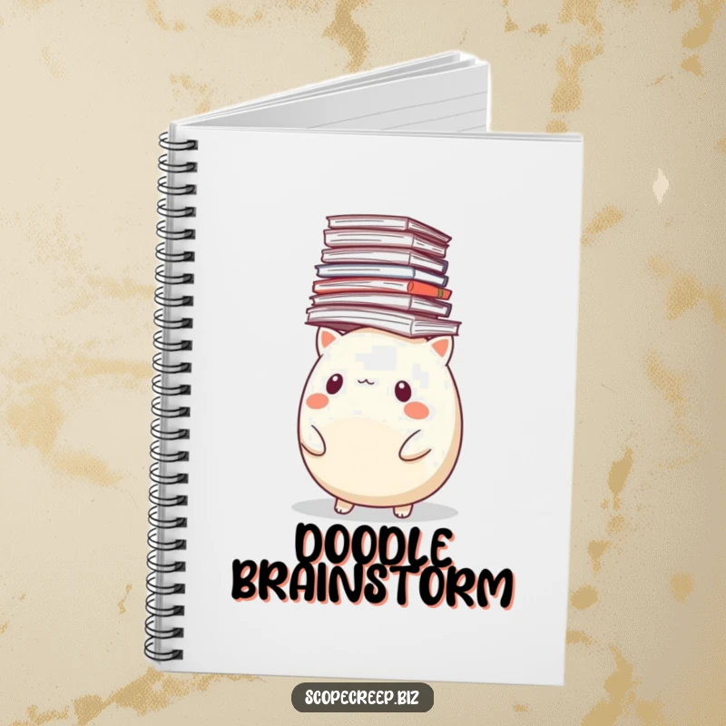Funny notebook with a round animal precariously balancing a large stack of papers on its head, ideal for notes.