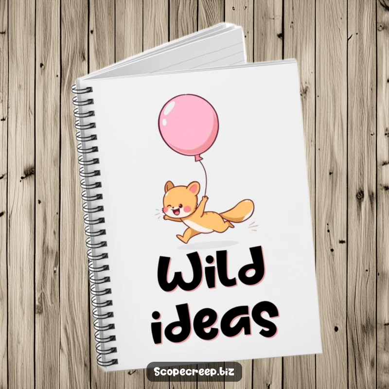 Funny notebook with a playful animal gleefully chasing a large, over-inflated balloon, ideal for notes.