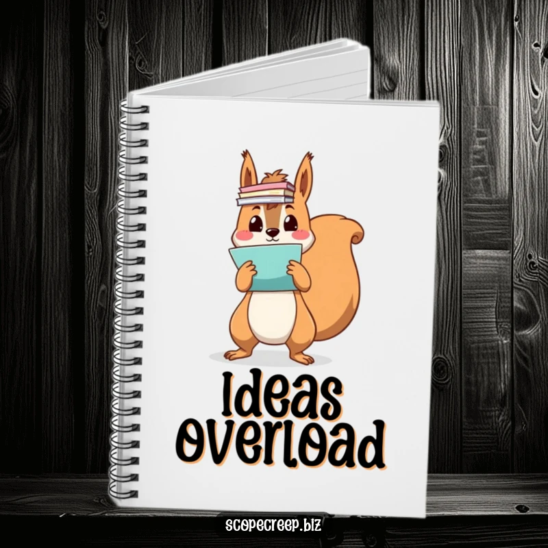 Funny squirrel character juggling colorful papers, spiral-bound notebook, perfect for notes and ideas, humorous stationery.