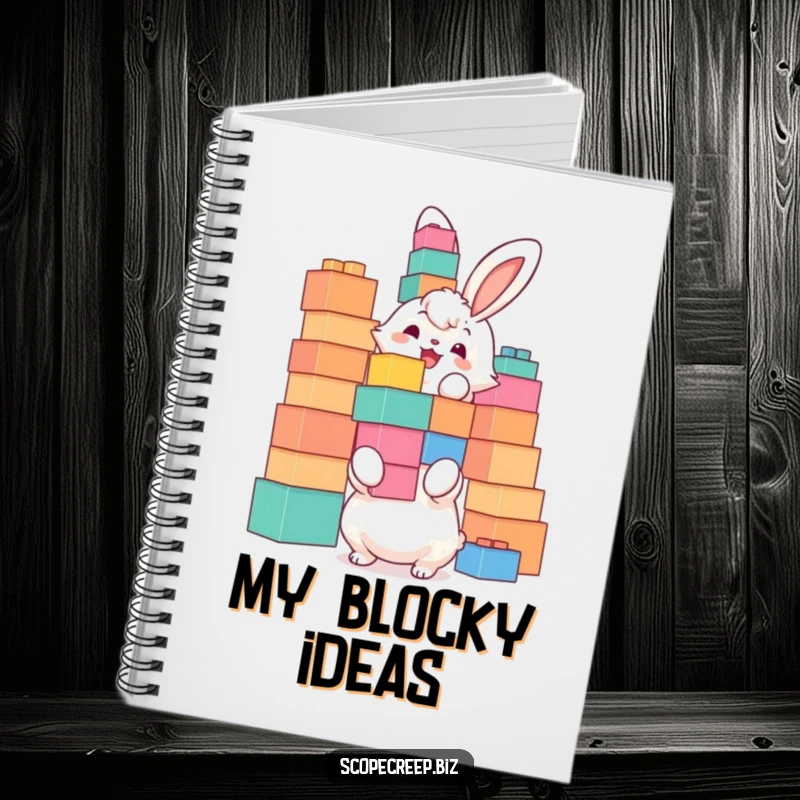 Funny notebook cover with a fluffy bunny joyfully stacking oversized building blocks, inspiring creative ideas and project planning.