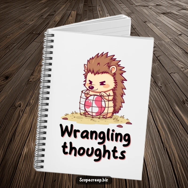 Funny hedgehog character building a tiny cage around a bouncing ball, lined notebook pages, humorous stationery.