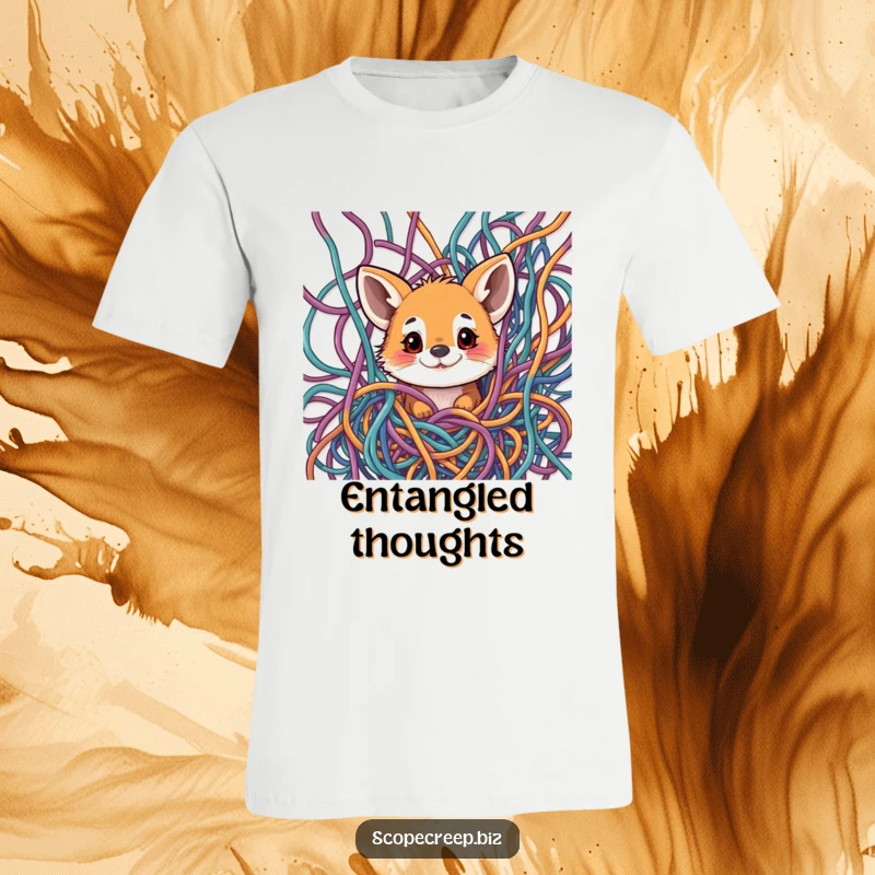 Funny t-shirt with a curious animal peeking through a chaotic yet colorful jumble of threads, representing intrigue.