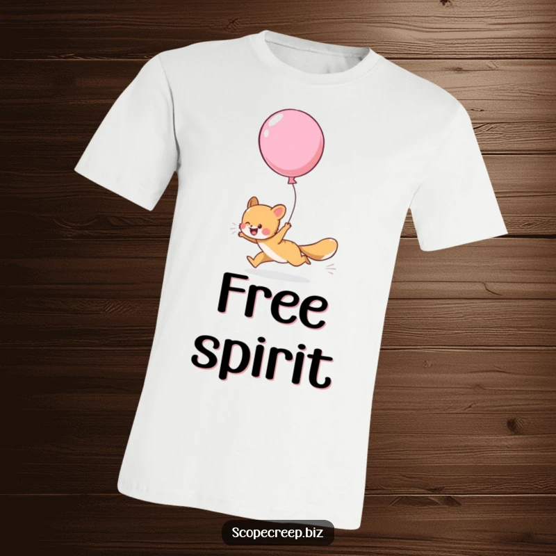 Funny t-shirt depicting a joyful animal enthusiastically running after a large, escaping balloon, full of playful energy.