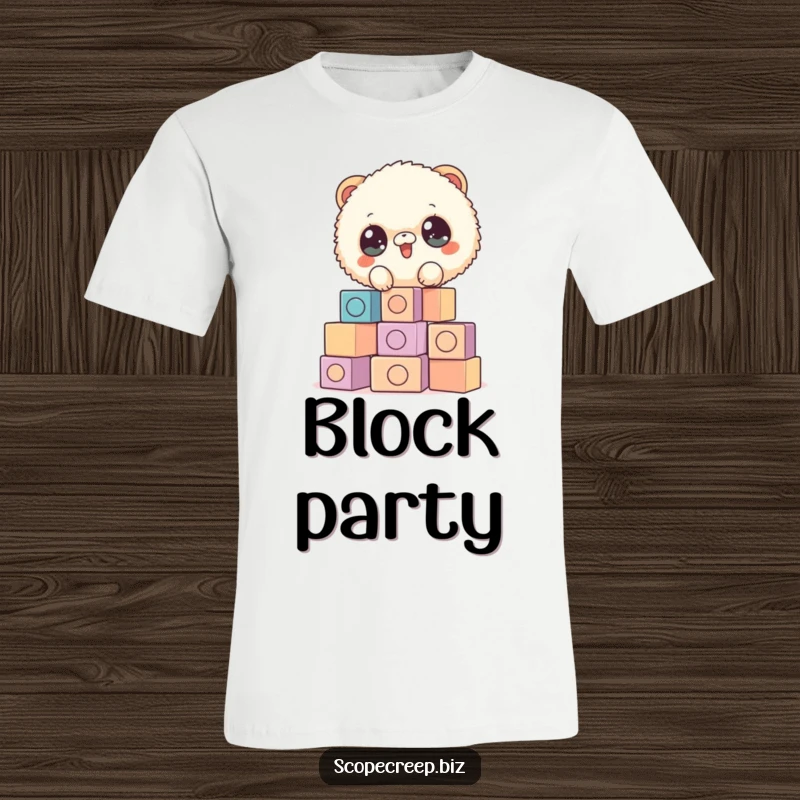 Funny t-shirt depicting a round, fluffy animal with huge sparkling eyes joyfully attempting to stack mismatched blocks, promoting creative fun.