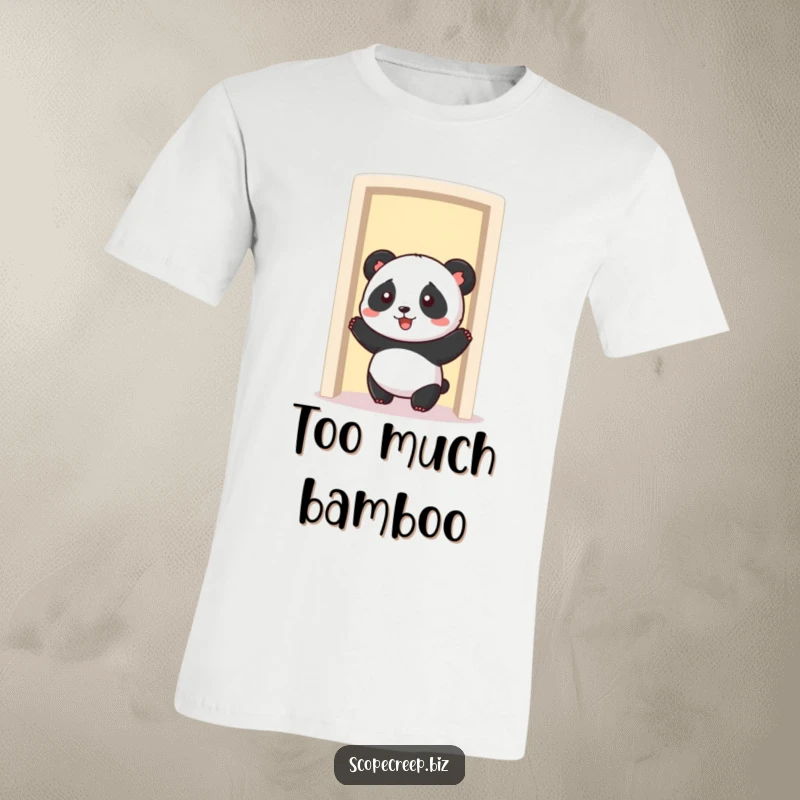 Funny panda character comically wedged in a shrinking doorway, looking flustered, humorous t-shirt graphic.