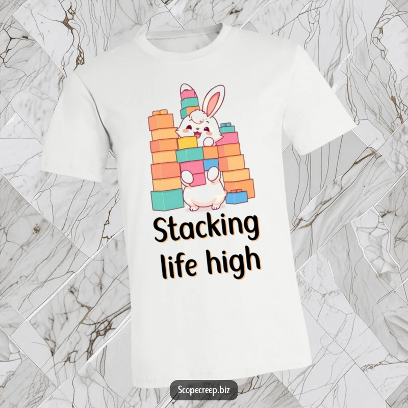 Funny t-shirt with a fluffy bunny joyfully attempting to stack too many oversized building blocks, capturing playful ambition.