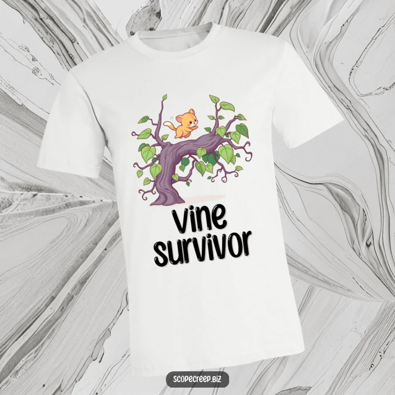 Funny t-shirt depicting a small, energetic animal joyfully bounding over an unruly, sprawling vine, embodying adventurous spirit and fun.