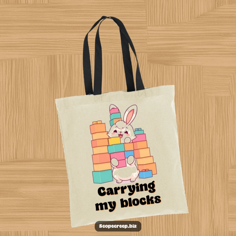 Funny tote bag illustrating a fluffy bunny joyfully stacking oversized building blocks, perfect for carrying daily items with a smile.