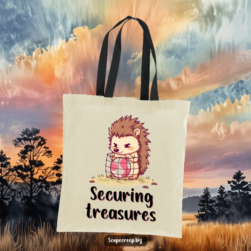 Funny hedgehog diligently building a tiny cage around a bouncing ball, durable tote bag, humorous accessory.