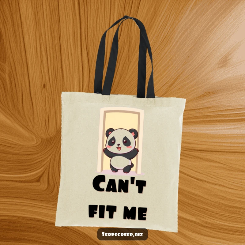 Funny panda character comically attempting to get through a shrinking doorway, durable tote bag, humorous shopping companion.