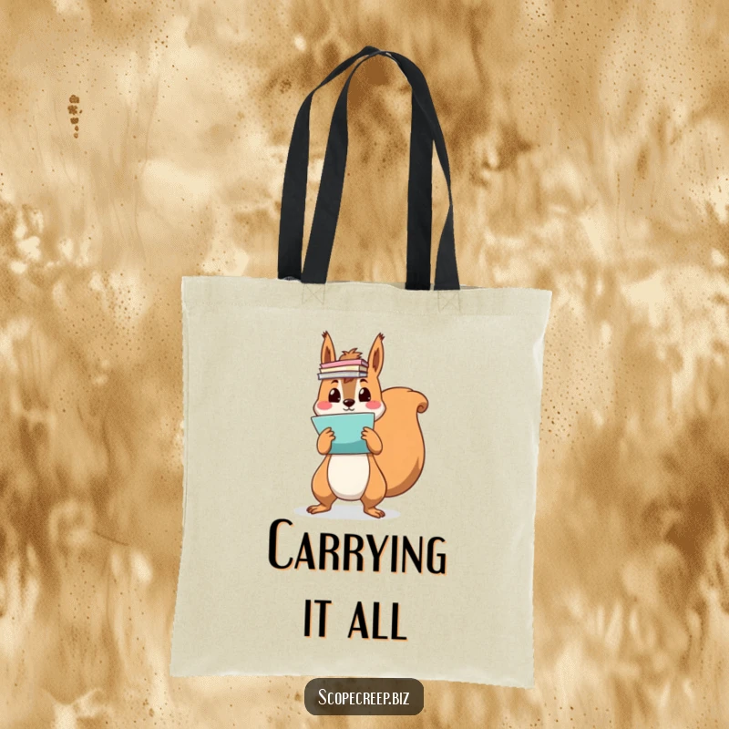 Funny squirrel character overloaded with colorful papers being juggled, perfect for carrying groceries or books, humorous tote bag.
