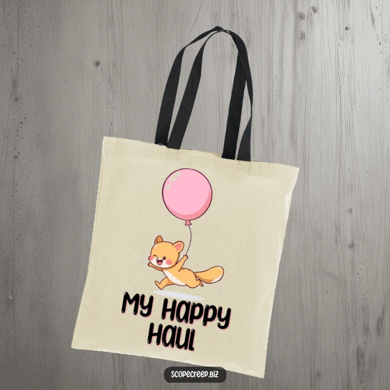 Funny tote bag with a playful animal chasing a large, escaped balloon, great for shopping and errands.